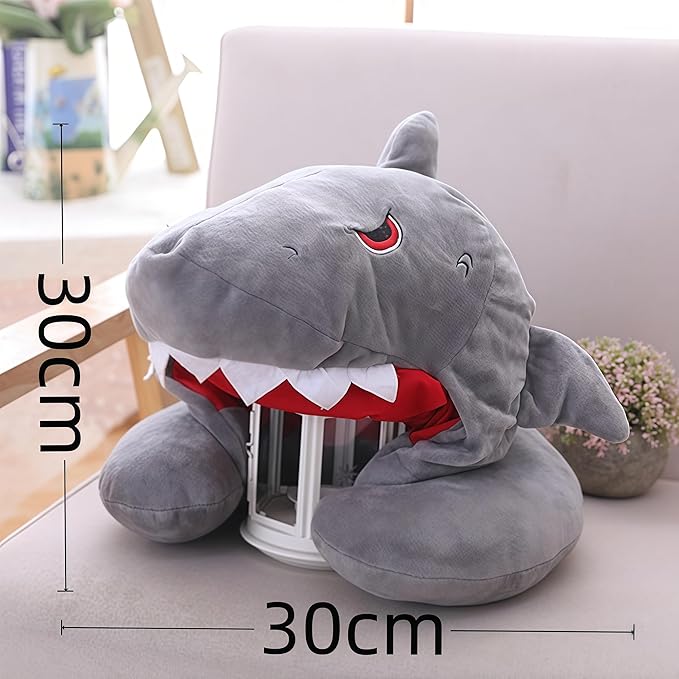 Cartoon Shark Animal Neck Pillow with Hood, U Shaped Soft Travel Airplane Neck Pillows, Office Neck Pillow, Anime Neck Pillows, Portable & Washable for Flights