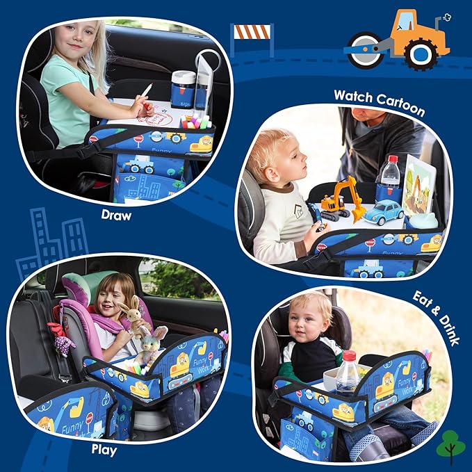 WENRENER Kids Travel Tray for Airplane - Toddler Car Seat Table Tray, Road Trip Essentials for Boys & Girls, Carseat Lap Desk for Kids Road Trip Activities (Dark Blue Car)