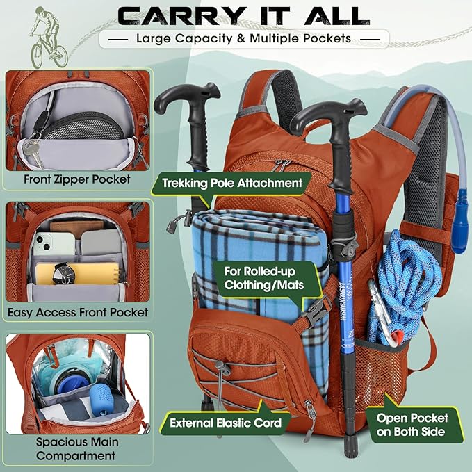 Hydration Backpack with Water Bladder, 18L Lightweight Hiking Backpack for Women&Men Small Insulated Hydration Water Pack for Hiking, Running, Cycling, Biking