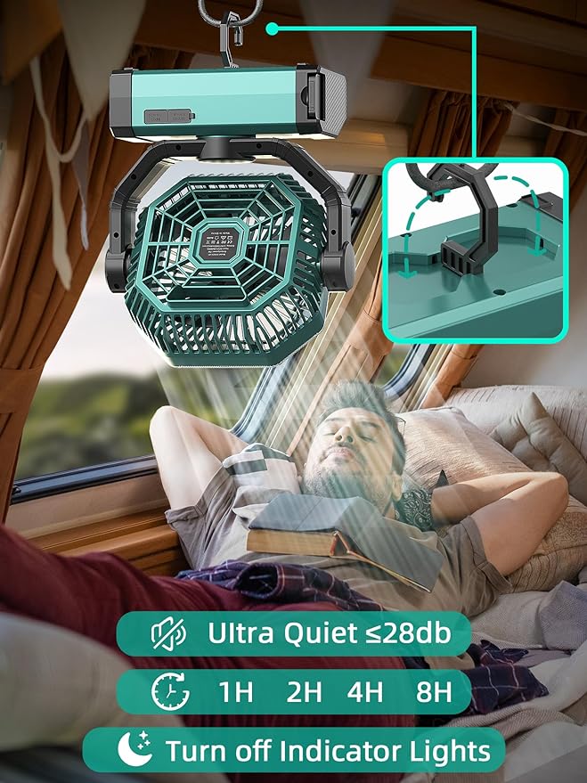 Portable Rechargeable Fan - 9-Inch Camping Fan for Tent, 20000mAh(60Hrs) Battery Operated for Camping, Auto Oscillation Cordless, Tent Fan with Remote/Light, 4 Speeds, 4 Timing, Outdoor