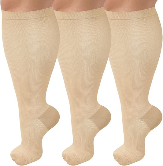 3 Pack Plus Size Compression Socks for Women & Men, Extra Wide Calf Knee High Stockings for Circulation Support