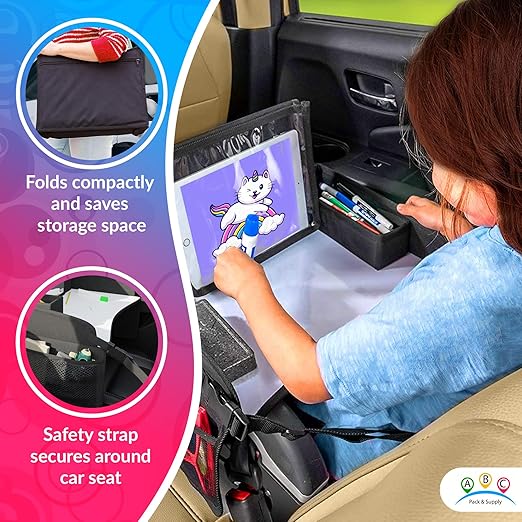 AMZ Supply Kids Travel Tray for Kids Car Seat. Toddler Car Seat Tray Table with 6 Compartments and Tablet Stand. Foldable Toddler Table for Travel. Folding Portable Desk. Compact Road Trip Essentials