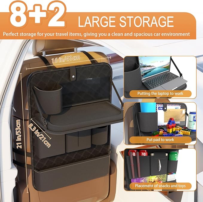 GMQ Backseat Car Organizer with Tray,Back Seat Car Organizer for Kids,Multifunctional Seat Back Organizer with Foldable Tablet Holder (Black, 1PC)