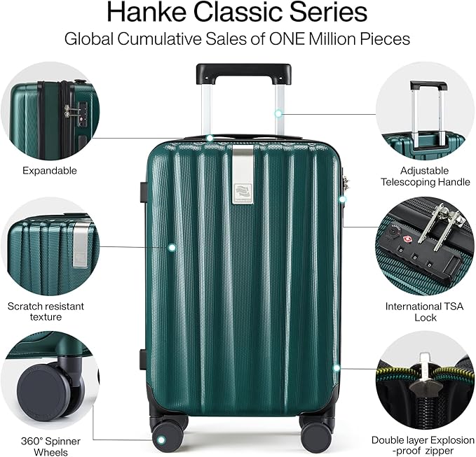 Hanke 20 Inch Expandable Carry on Luggage 22x14x9 Airline Approved Lightweight PC Hard Shell Suitcases with Wheels Travel Luggage Rolling Suitcase Travel Luggage Bag for Weekender(Blackish Green)