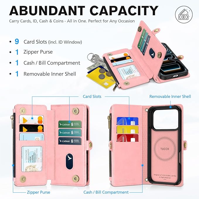 TUCCH Detachable Crossbody Wallet Case for iPhone 17 Pro 6.3", 9 Card Slots RFID Blocking | Stand | Lanyard Wrist Strap | Wireless Charging | Zipper Pocket | PU Leather Magnetic Flip Cover | Rose Gold
