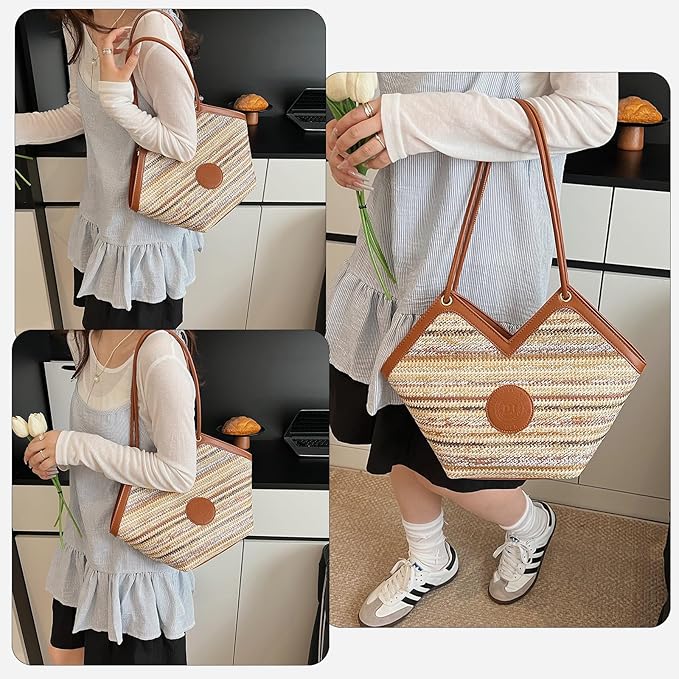 ZOCILOR Women's Straw Shoulder Tote Bag with PU Leather Trim, Large Woven Beach Handbag, Lightweight Casual Summer Purse