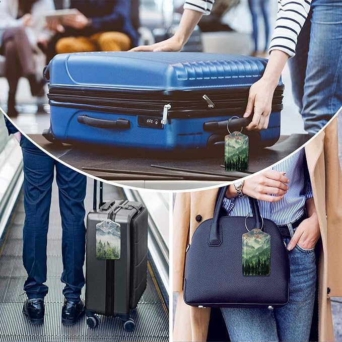 2 Pack Luggage Tag for Suitcase,Misty Forest Luggage Tag with PU Leather Privacy Cover ID Label & Stainless Steel Loop for Women Men Travel Bag Suitcase