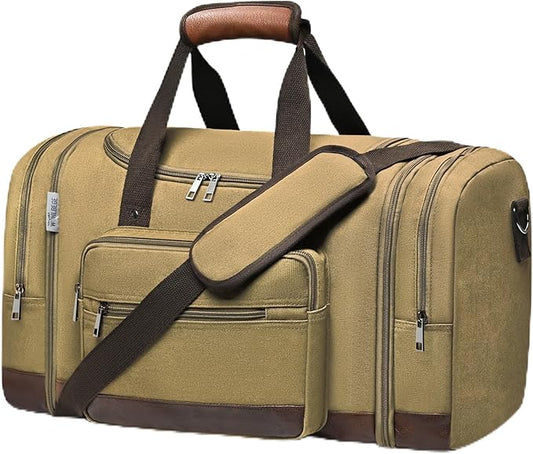 Wolhbege Duffle Bag for Travel,Mens Travel Bag & Carry On Bag for Men with Expandable Design and Luggage Sleeve –Duffel Bag for Gym, Weekender,Canvas,Overnight Trips Khaki