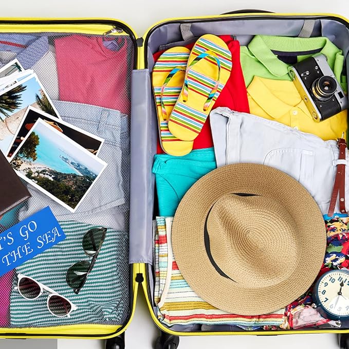 DRESHOW Women Straw Panama Hat Travel Fedora Beach Sun Hat Summer Wide Brim Straw Roll up Hat UPF 50+