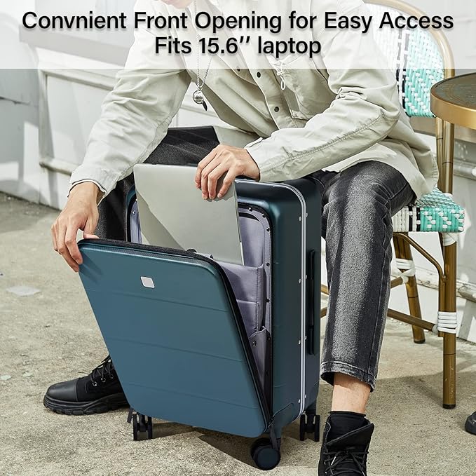 MILADA Carry On Luggage 22x14x9 Airline Approved Spinner Wheels TSA Luggage 20 Inch Hard Shell Suitcases Front Opening Pocket Rolling Aluminum Frame Travel Luggage, Blackish Green