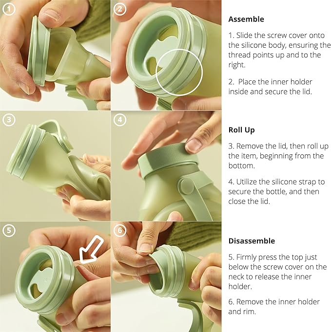 BLUE GINKGO Collapsible Water Bottle – Lightweight, Foldable Silicone Bottle for Travel, Hiking, and Camping (16.9oz, Made in Korea, Olive Green)