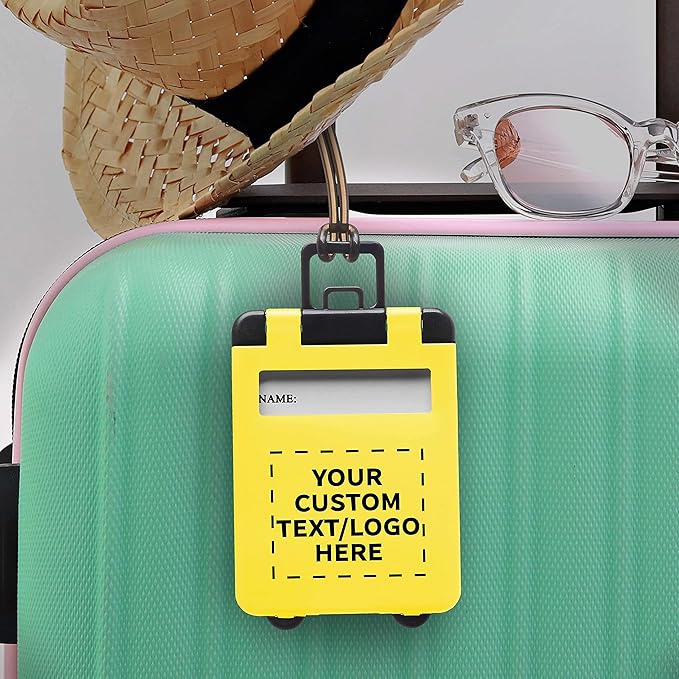 50 Mini Carry-on Luggage Tags Pack - Customizable Text, Logo - Flip Open Cover, ID Sticker - Yellow