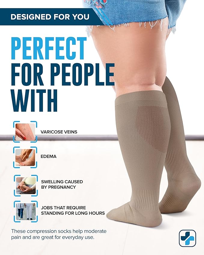 Doctor's Select 3 Pairs Plus Size Compression Socks Wide Calf - Up to 6XL | 20-30 mmHg Compression Socks for Women Wide Calf | Tan-4XL
