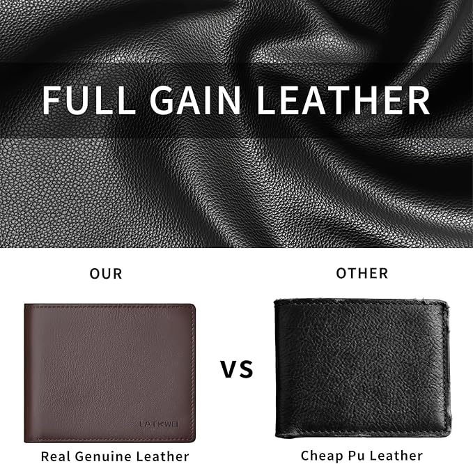 LATKWO Mens Wallet - Genuine Leather Bifold RFID Blocking Slim Front Pocket Large Capacity with 10 Card Slots, 2 ID Windows & 2 Cash Pockets - Heavy Duty Stitched Gift for Men (Brown)