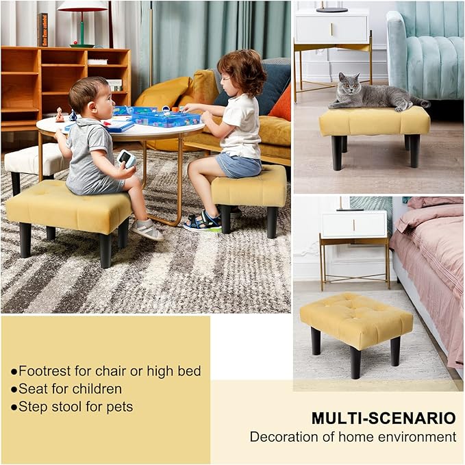 HOUCHICS Small Footstool Ottoman,Velvet Soft Footrest Ottoman with Wood Legs,Sofa Footrest Extra Seating for Living Room Entryway Office(Yellow 1PACK)