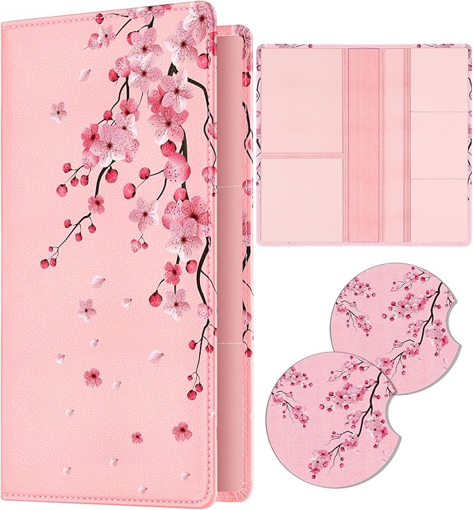 Slohif Car Registration and Insurance Card Holder - Peach Blossom Vehicle Glove Box Organizer Women with Magnetic Shut Leather Automobile License Holders Coasters Auto Accessories Case for Document
