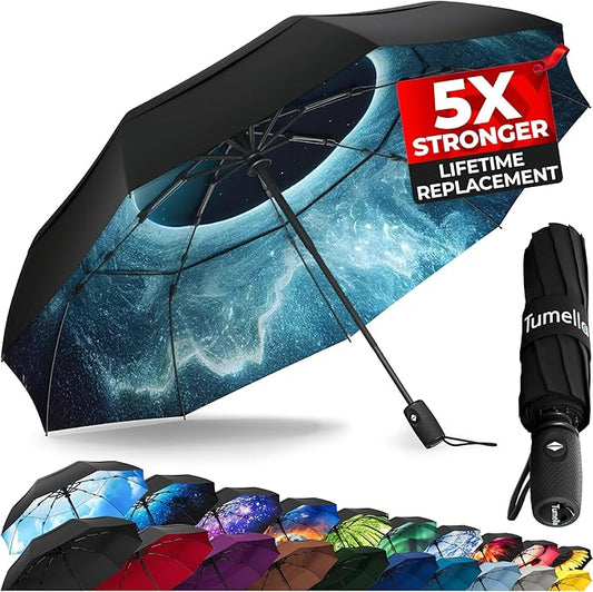 TUMELLA Strongest Windproof Travel Umbrella (Compact, Superior & Beautiful), Small Strong but Light Portable and Automatic Folding Rain Umbrella, Durable Premium Grip, Fits Car & Backpack