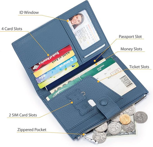 Leather Passport Holder for Women, Slim RFID Blocking Travel Wallet, Compact Passport Wallet with Zippered Coins Pocket and SIM Slots, Ladies Passport Cover Case