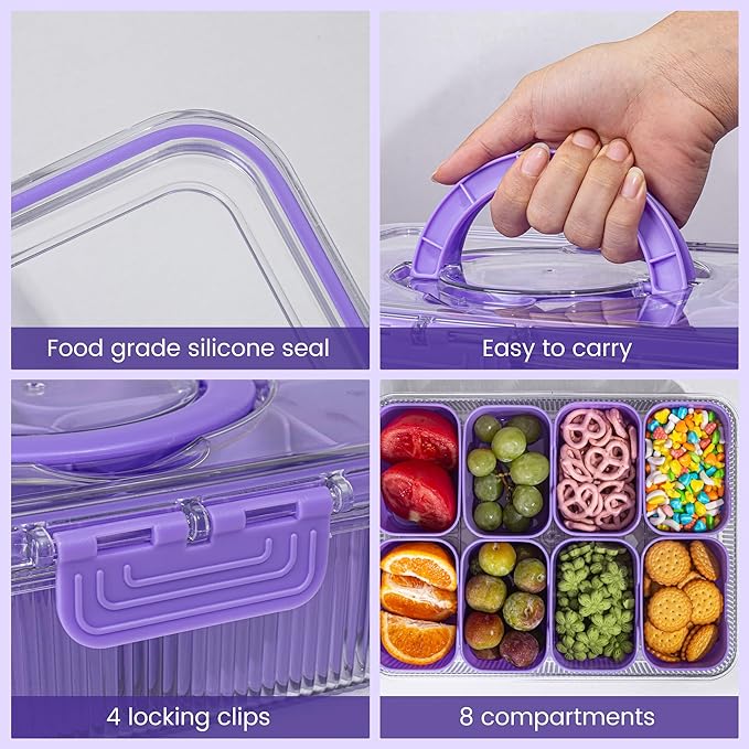 Patent Design Ribbed Snackle Box Container Divided Serving Tray with Lid and Handle -Charcuterie Container Portable Storage Organizer for Candy, Fruit, Beach, Picnics（1 pcs, Purple