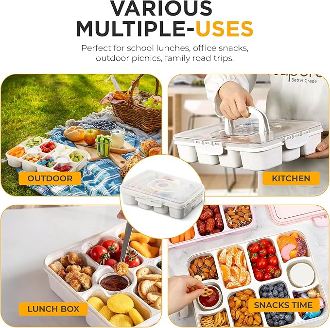 Snackle Box Container - Divided Serving Tray with Lid & Handle - Portable Multi-Compartment (10 & 5) Snack Organizer for Travel, veggies, Nut, fruit, Picnic & party - Dishwasher &Microwave safe