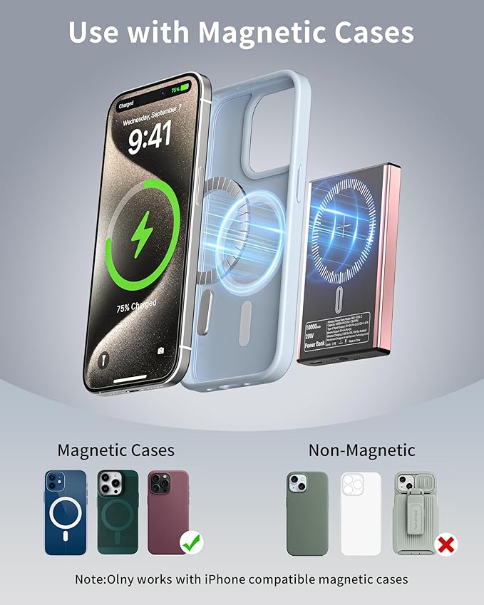Portable Charger Power Bank, 10000mAh Wireless Charger Phone with USB C to 20 W PD Fast Charging Cable, Mag-Safes Battery Pack Magnetic Charger for Phone 17/16/15/14/13/12 Pro/Pro Max/Plus Pad