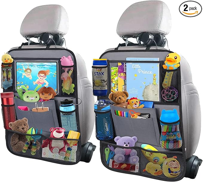 Car Backseat Organizer with 11" Table Holder, 10 Storage Pockets Seat Back Protectors Kick Mats for Kids Toddlers, Travel Accessories, 2 Pack, Gray