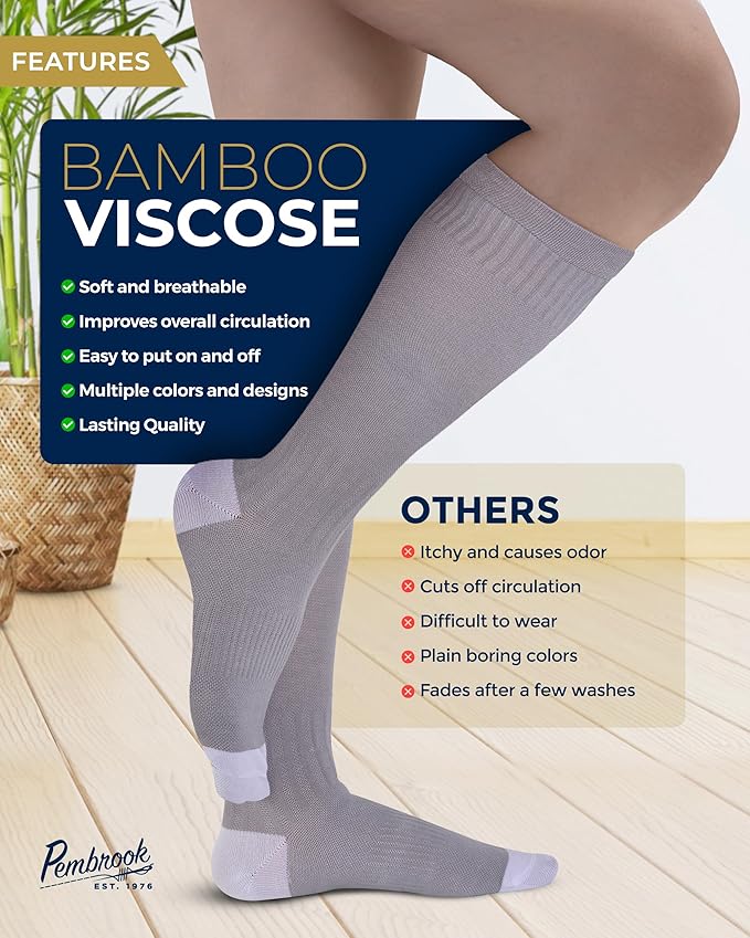Pembrook Bamboo Viscose Light Compression Socks - 3 Pairs | 8-15 mmhg Compression Socks | Knee High Comfort Support Socks