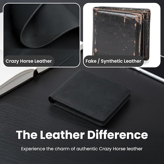 Trizek Leather Wallet for Men, Genuine Leather RFID Blocking Bifold Wallet, Minimalist Slim Design, Stylish and Secure Credit Card Holder (Black)