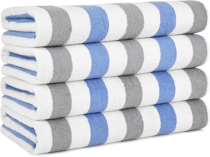 Arkwright Cabo Cabana Stripe Beach Towel - Pack of 4 - Large Soft Quick Dry Cotton Terry Towels for Pool, Swim, and Hot Tub, Oversized 30 x 70 in, Cornflower Blue/Grey