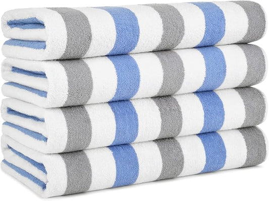 Arkwright Cabo Cabana Stripe Beach Towel - Pack of 4 - Large Soft Quick Dry Cotton Terry Towels for Pool, Swim, and Hot Tub, Oversized 30 x 70 in, Cornflower Blue/Grey