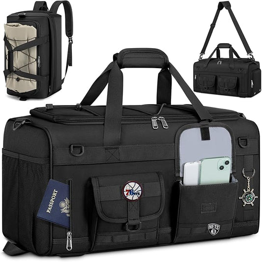 RAINSMORE Gym Bag for Men, 45L Sports Duffel Bag with Shoe Compartment Gym Backpack Carry On Weekender Bag Overnight Backpack Carry On,Black