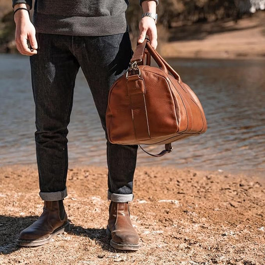 Full Grain Leather Duffle Bag – 25L Travel, Gym & Carry-On Weekender for Men | Handcrafted Overnight Bag with Brass Hardware, Bourbon Style