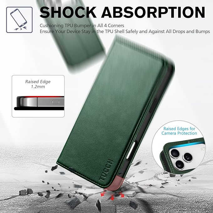TUCCH Wallet Case for iPhone 17 Pro Max (6.9") 2025, 3 Credit Card Holders, RFID Blocking, Stand, PU Leather, Shockproof TPU Interior Shell, Protective Flip Folio Cover, Midnight Green