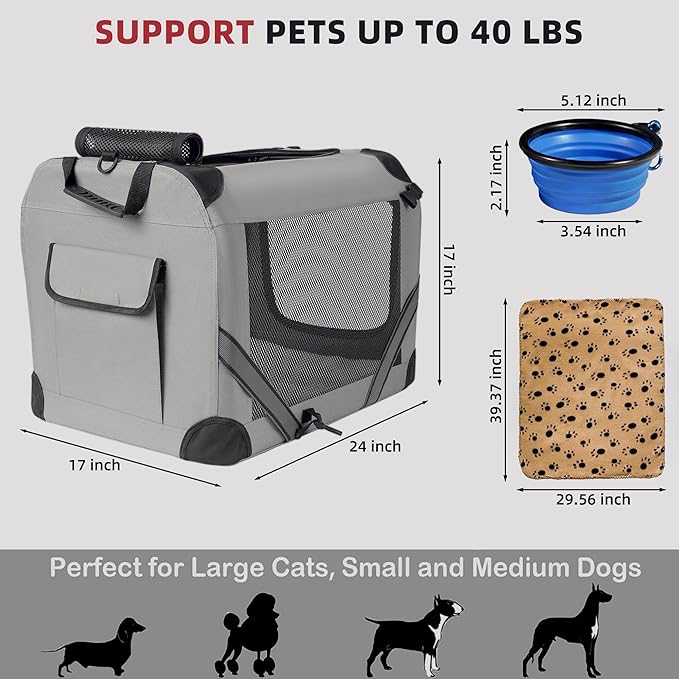 Petprsco Large Cat Carrier for 2 Cats Small Medium Dogs, Soft Pet Carrier 24x17x17 for Traveling with Warm Blanket Foldable Bowl and Washable Pad