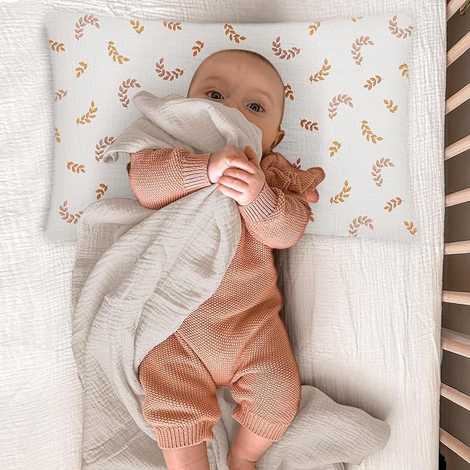 Toddler Pillowcases for 13"x18" Pillow 2 Pack, Muslin Small Toddler Baby Kids Travel Pillow Covers for Boys Girls with Envelope Closure (Brick & Leaf, 13 x 18 Inch)