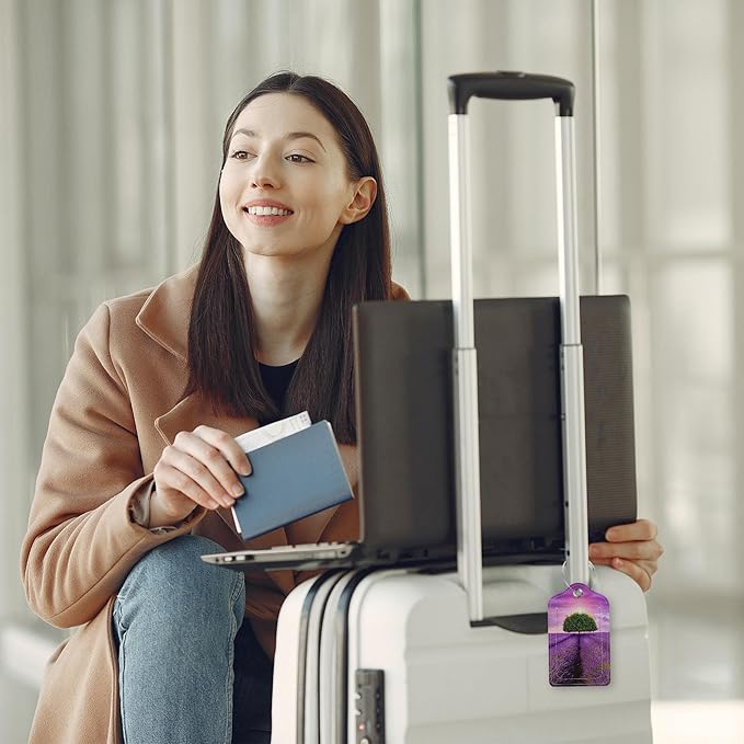 Set of 2 Luggage Tags Tree in The Lavender Field Leather Suitcases Tag with Privacy Cover Stainless Steel Loop and Address Card for Women Men Travel