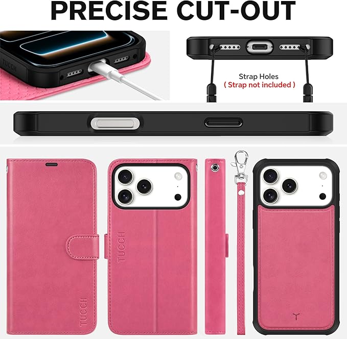 TUCCH 2-in-1 Removable Wallet Case for iPhone 17 Pro Max (6.9-inch) 2025, Wireless Charging | RFID Blocking 4 Card Slots | Wrist Strap | Kickstand | Magnetic | PU Leather | Protective Cover | Hot Pink