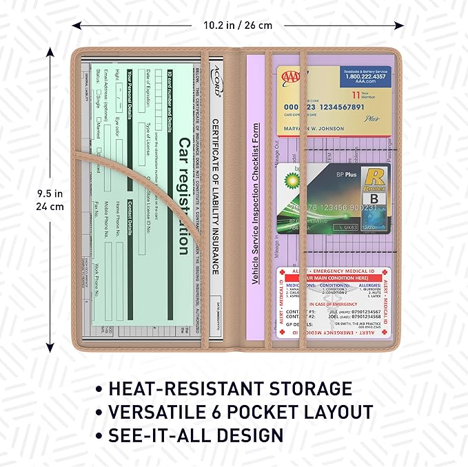 Premium Leather Magnetic Shut Car Registration & Insurance Card Holder, Glove Box Organizer for License, Cards & Documents: Beige