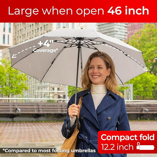 TUMELLA Flip-proof Inverted Travel Umbrella, Small Strong but Light Portable and Automatic Reverse Folding Rain Umbrella, Durable Premium Grip, Fits Car & Backpack