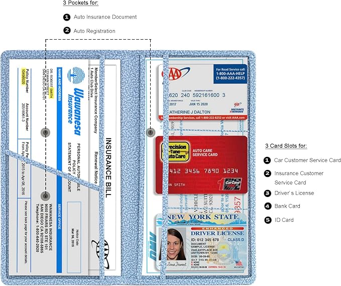 TOURSUIT Car Registration and Insurance Card Holder, Vehicle License Document Glove Box Compartment Organizer, Essential Car Wallet Case for Driver Auto Owners (M Light Blue)