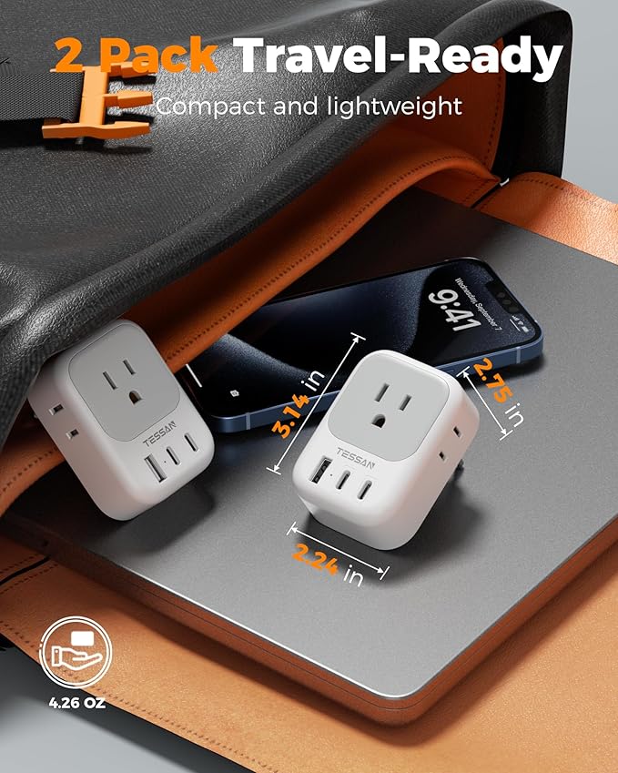 2 Pack European Travel Plug Adapter (No Voltage Conversion), TESSAN US to Europe Plug Adapter with 4 Electrical Outlets 3 USB Ports (2 USB C), Type C Power Adaptor for EU Italy Iceland Spain