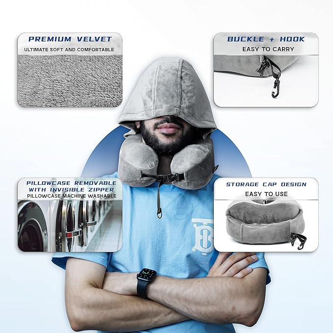 Hoodie Travel Pillow Memory Foam Neck Pillow Head Chin Support Airplane, Car, Office & Home Sleep Rest Traveling Pillow(Gray,M)