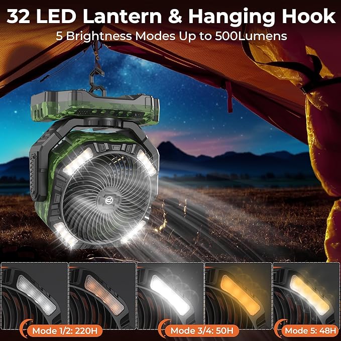 40000mAh Camping Fan with Light - 12in Rechargeable Battery Powered Fan (136H Cool Max), 90°Auto Oscillating with Remote & Charger, 4 Speeds & Timers for Outdoor/Patio/Garage/Jobsite/Hurricane/Outage