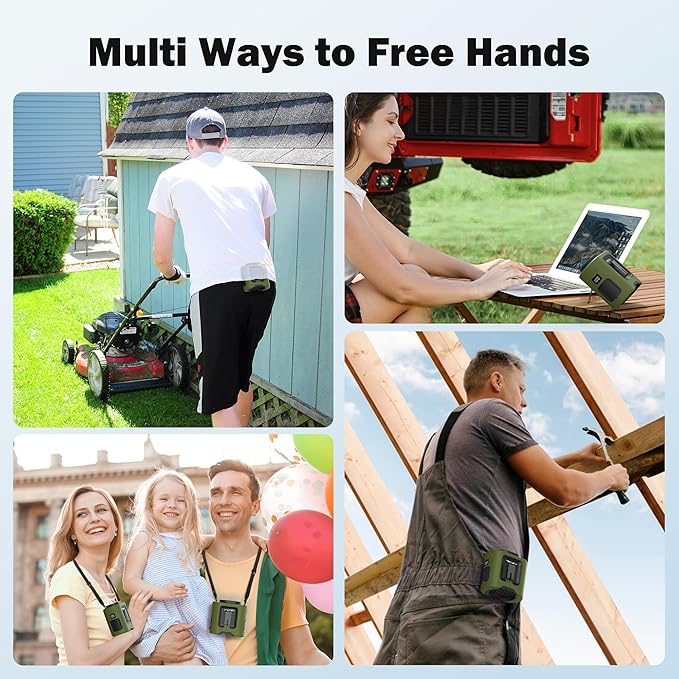 PANERGY Portable Waist Fan, 67H Runtime Wearable Fan with 4+1 Speeds, Storm Mode, 14500mAh Rechargeable Belt Fan with Dual Clip, Flashlight for Outdoor Jobsite(Army Green)