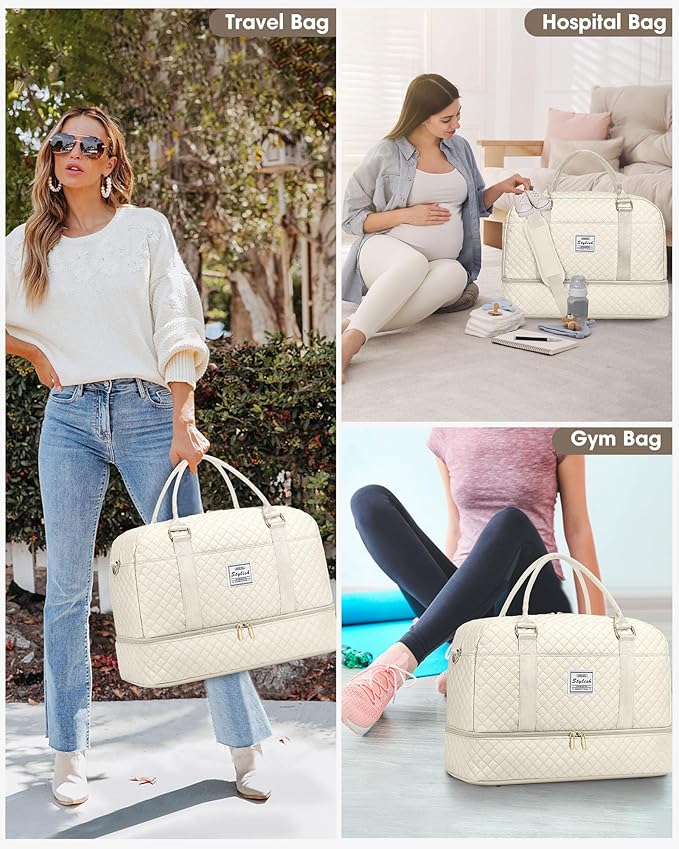 Weekender Bags for Women Travel Bag - Duffle Bag with Shoe Compartment Carry on Overnight Bag for Women Hospital Bags for Labor and Delivery 2Pcs Set Beige Brown