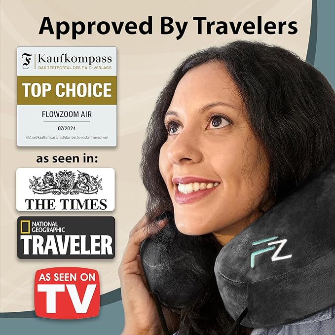 FLOWZOOM Air Inflatable Neck Pillow for Traveling on Plane - H-Shape Hooded Airplane Pillow with 5 Snooze Modes, Fast Inflation, Pressure Control, Cozy Clip-On Hood & Plushy Cover - Size L, Jet Black