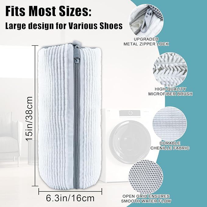 XXL Shoe Washing Machine Bag - 2 Reusable 360° Deep Clean Shoes Washing Bag for Washer and Dryer, Durable Zipper Laundry Shoe Bag Kit Include Laundry Bag for Delicates/Bra Laundry Bags (White)
