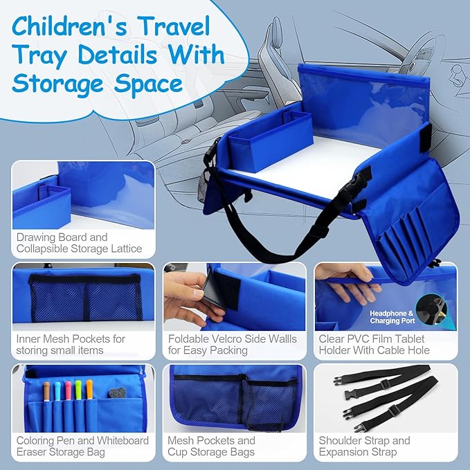 Julaiwy Travel Tray for Kids, Carseat Table Tray for Road Trip Activities, Toddler Lap Desk Organizer for Airplane - Blue