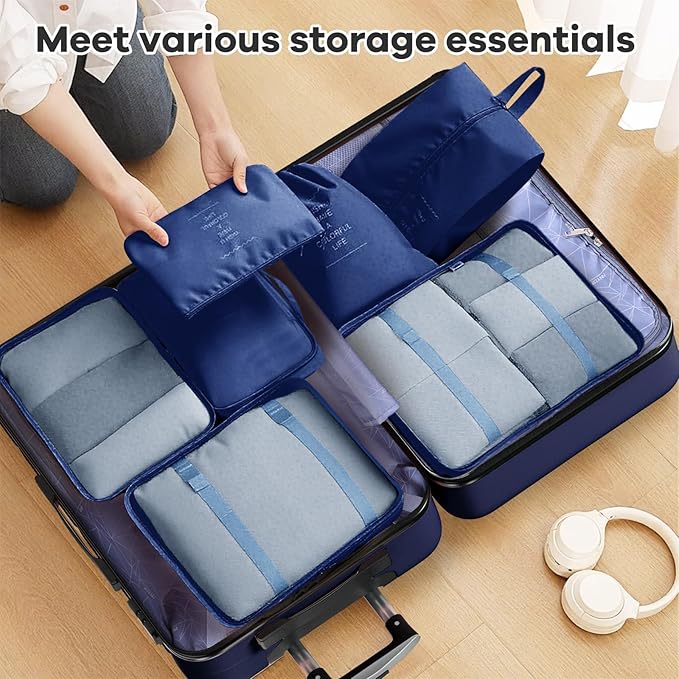 AnyZip Luggage Sets 10 Piece Hardshell Suitcase Set PC ABS Lightweight Travel Suitcases with 4 Double Spinner Wheels TSA Lock 20 24 28 Inch with 7 Storage Bags Dark Blue