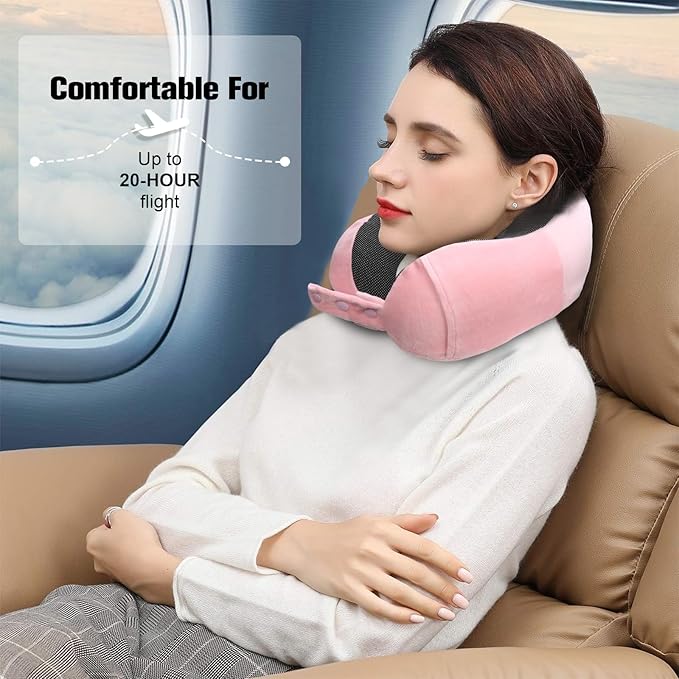 Neck Pillow for Traveling, Travel Pillows for Airplanes,100% Pure Memory Foam Travel Neck Pillow, Adjustable Flight Pillow, Portable Plane Accessories with Eye Mask, Earplugs, Carry Bag